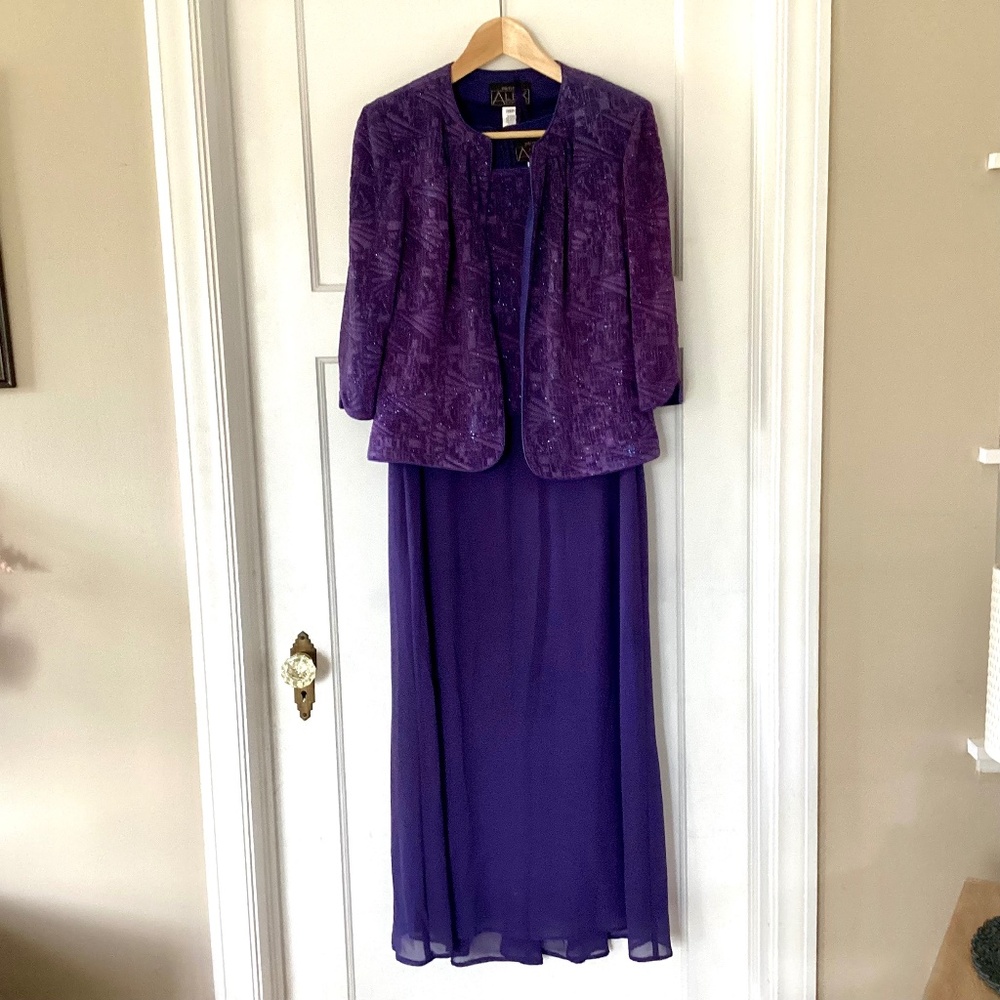 Alex Evenings Purple Dress Jacket Petite 12 Jacquard Glitter Tea Length Formal